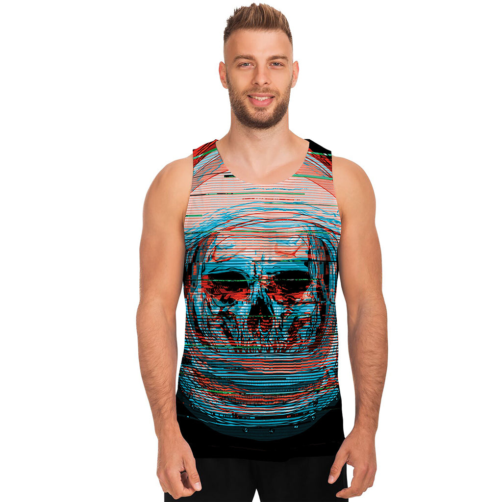 Digital Glitch Astronaut Skull Print Men's Tank Top