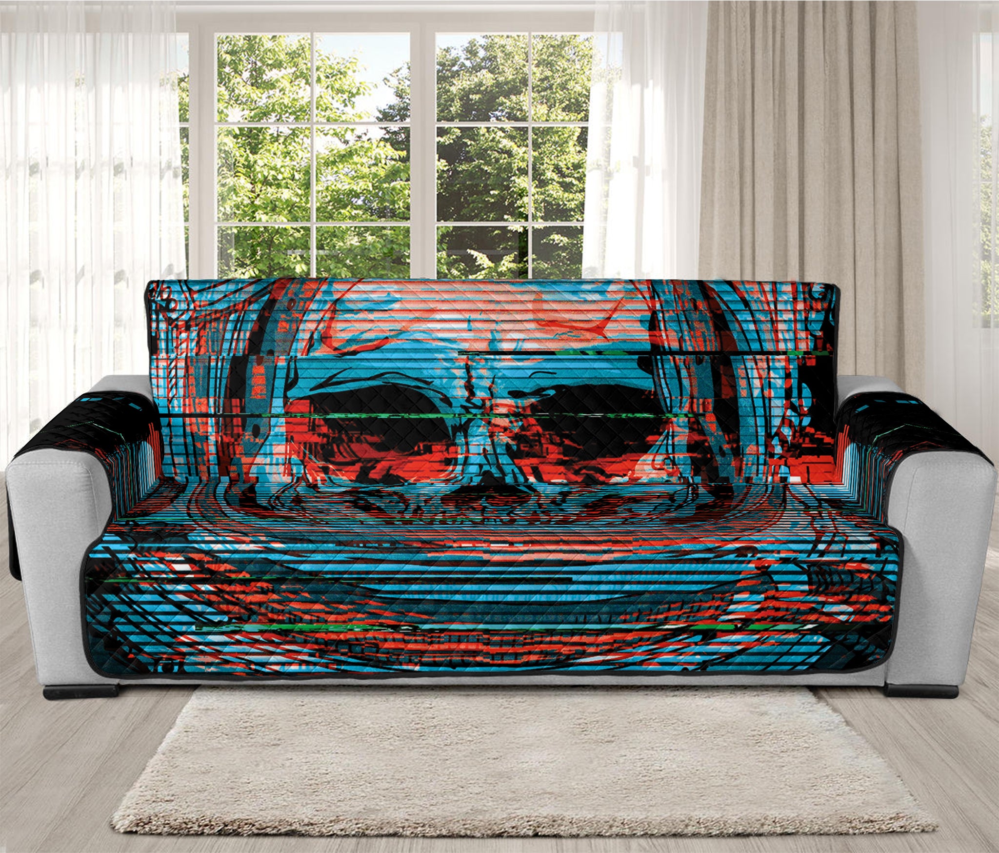 Digital Glitch Astronaut Skull Print Oversized Sofa Protector