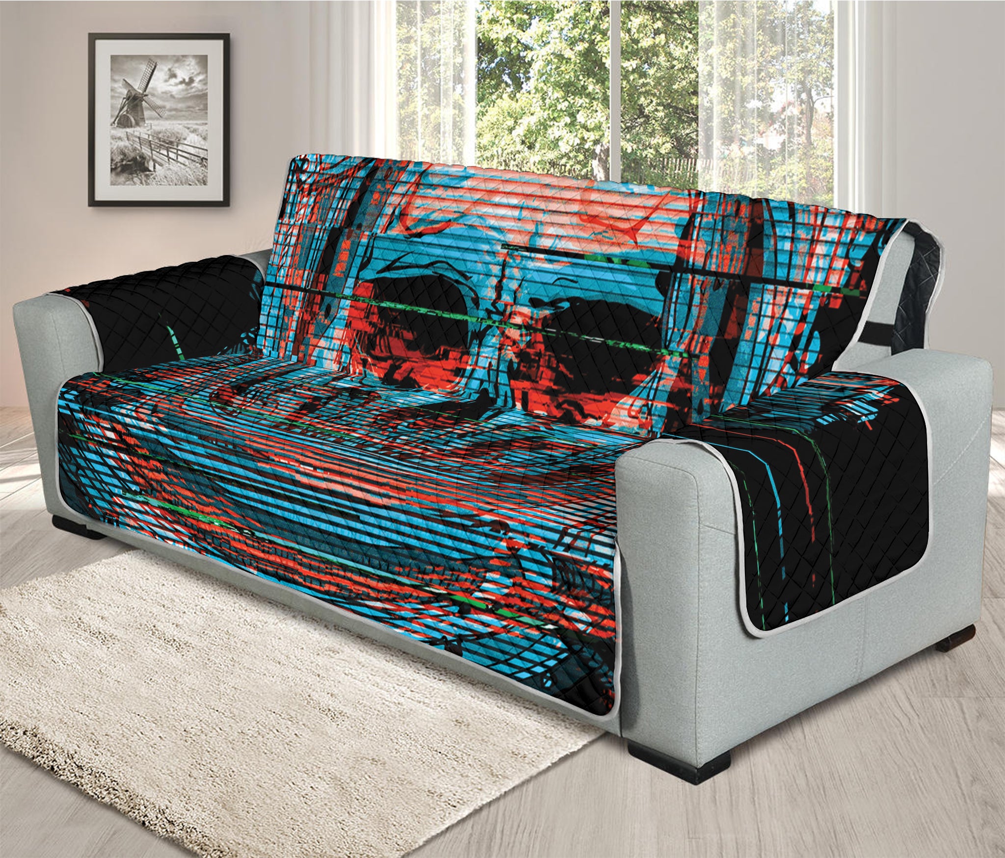 Digital Glitch Astronaut Skull Print Oversized Sofa Protector