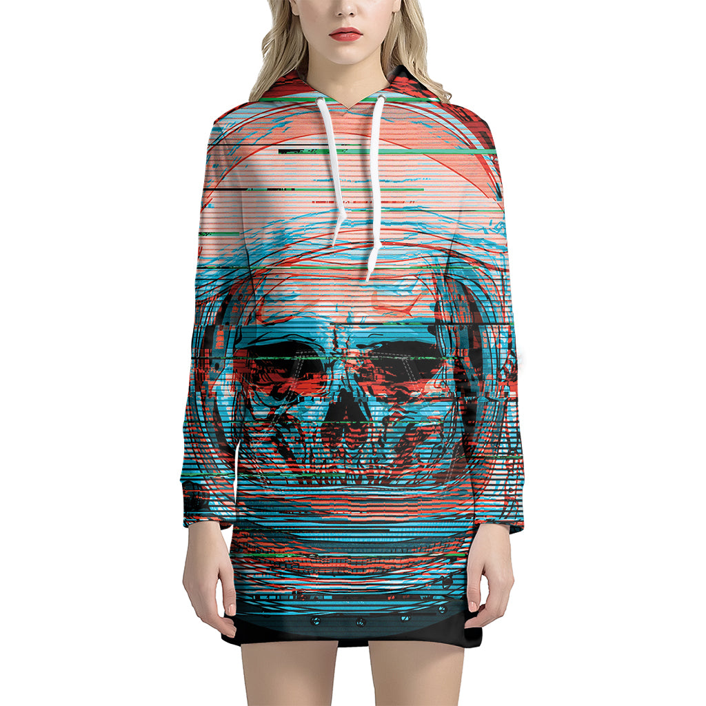 Digital Glitch Astronaut Skull Print Pullover Hoodie Dress