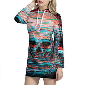 Digital Glitch Astronaut Skull Print Pullover Hoodie Dress