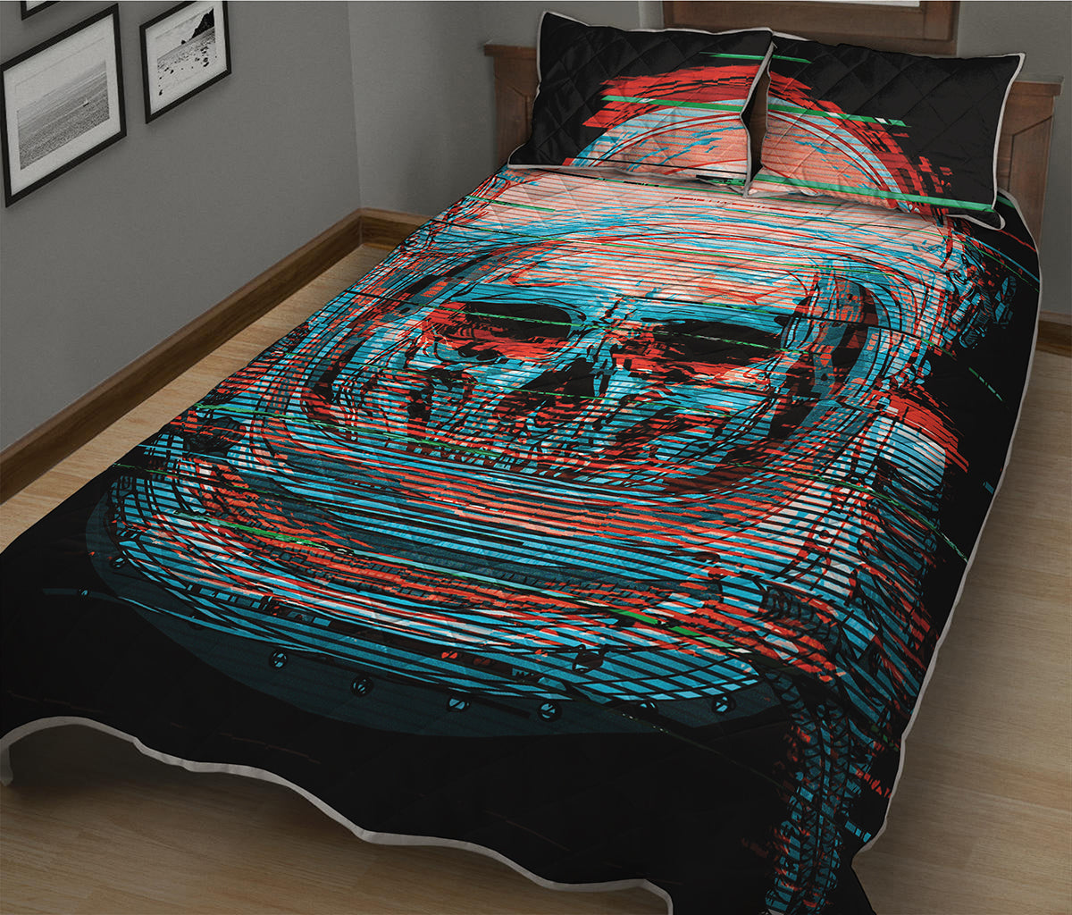 Digital Glitch Astronaut Skull Print Quilt Bed Set