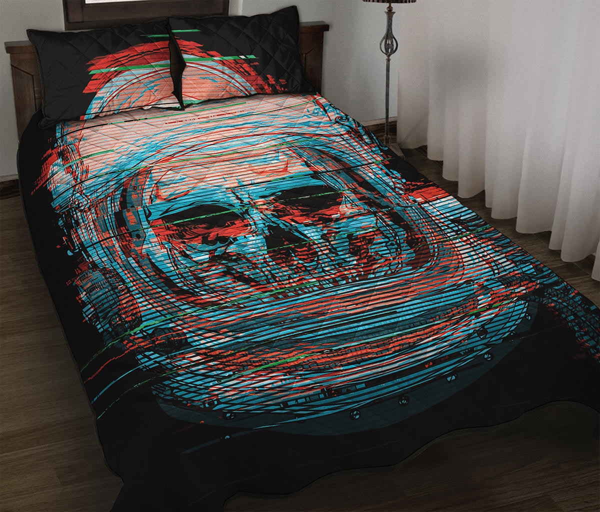 Digital Glitch Astronaut Skull Print Quilt Bed Set