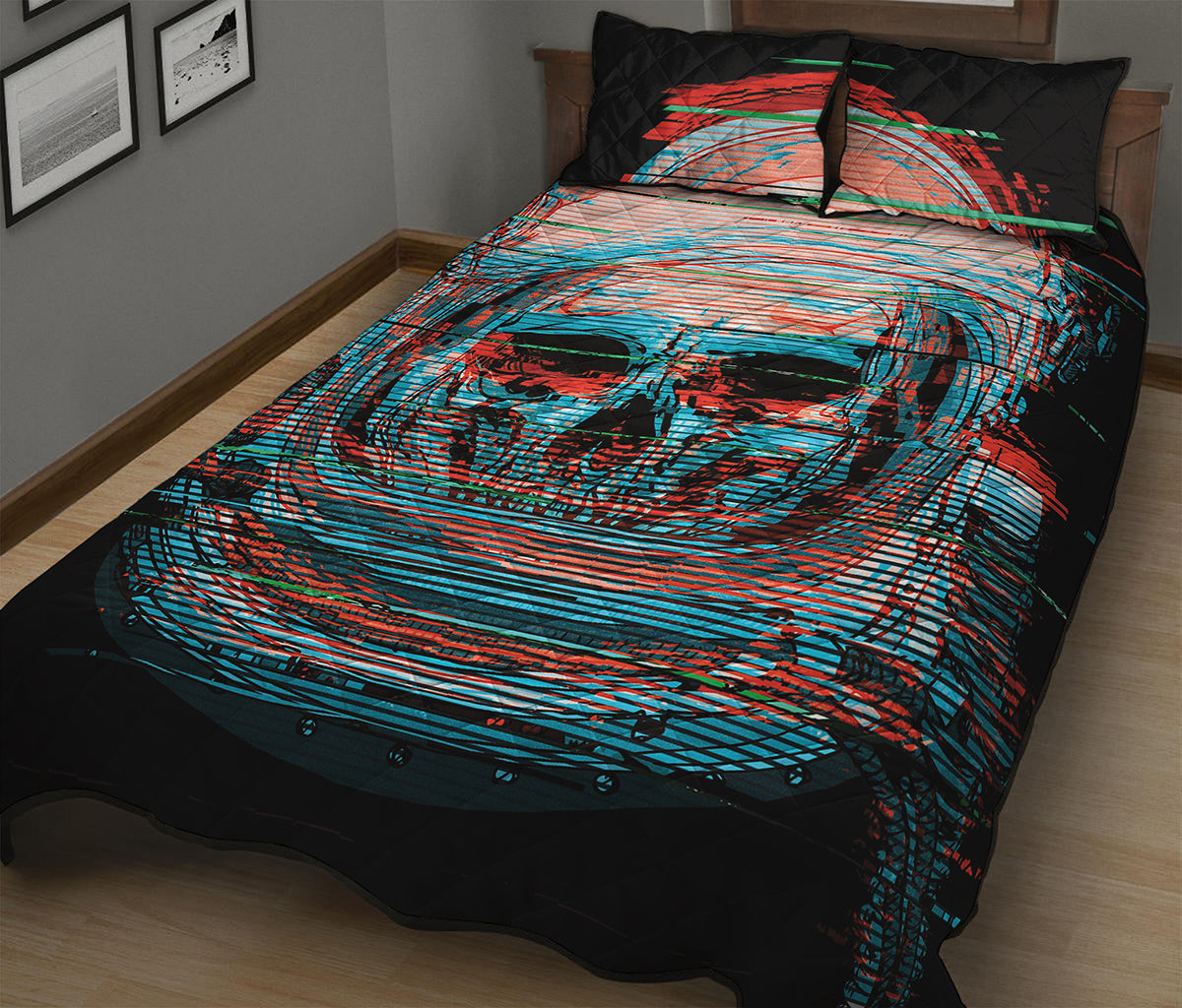 Digital Glitch Astronaut Skull Print Quilt Bed Set