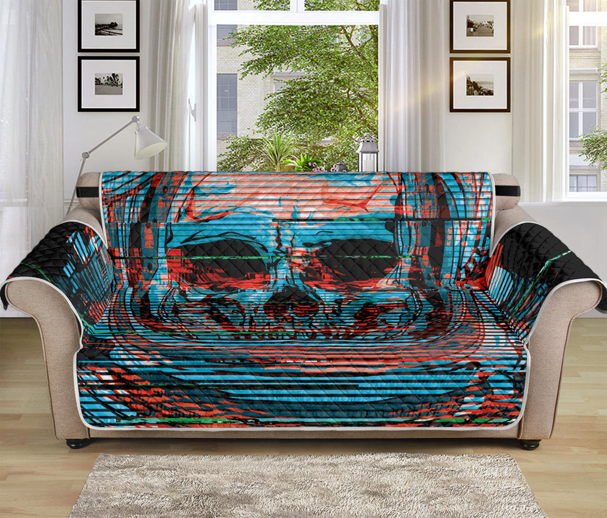 Digital Glitch Astronaut Skull Print Sofa Protector