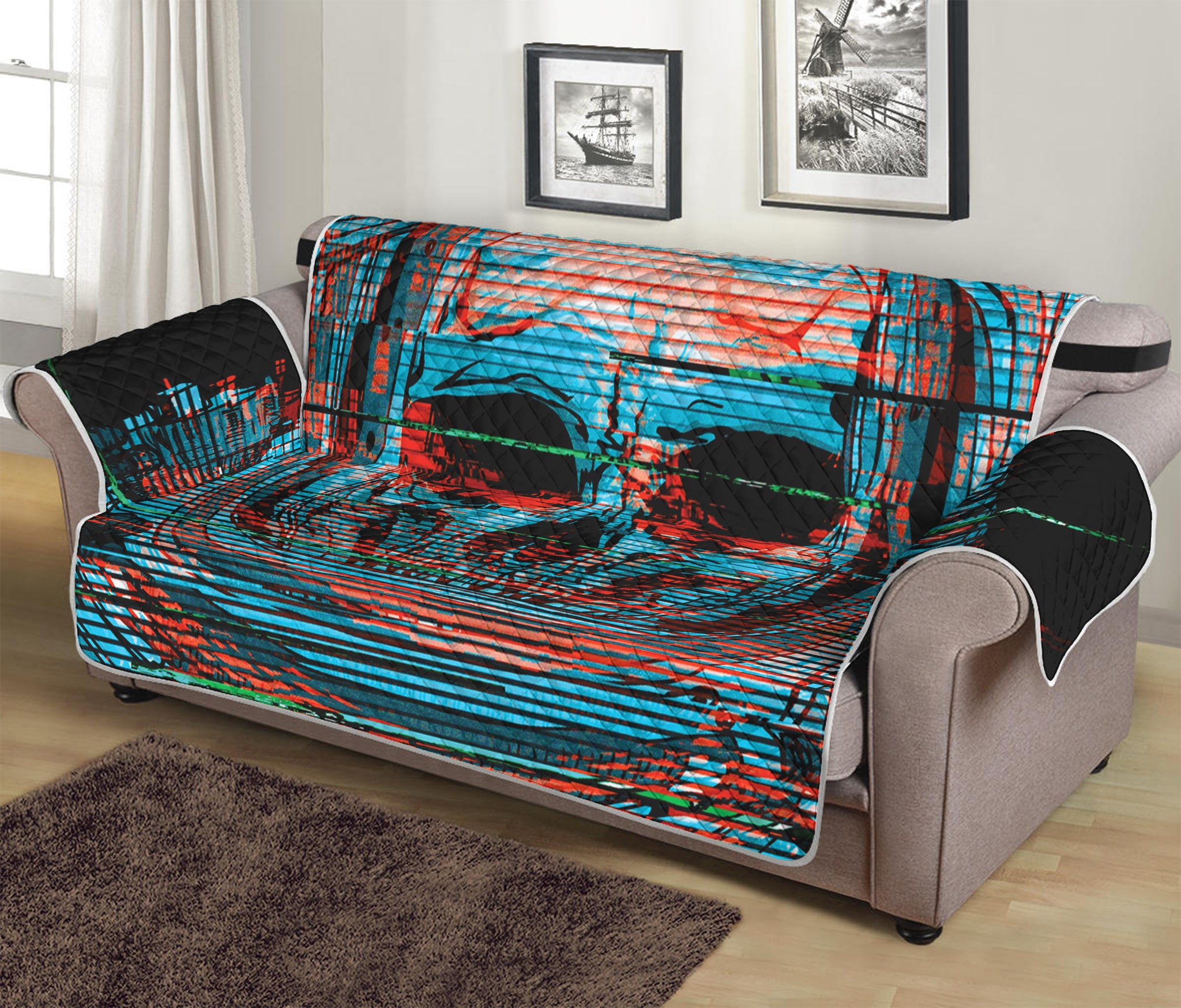 Digital Glitch Astronaut Skull Print Sofa Protector