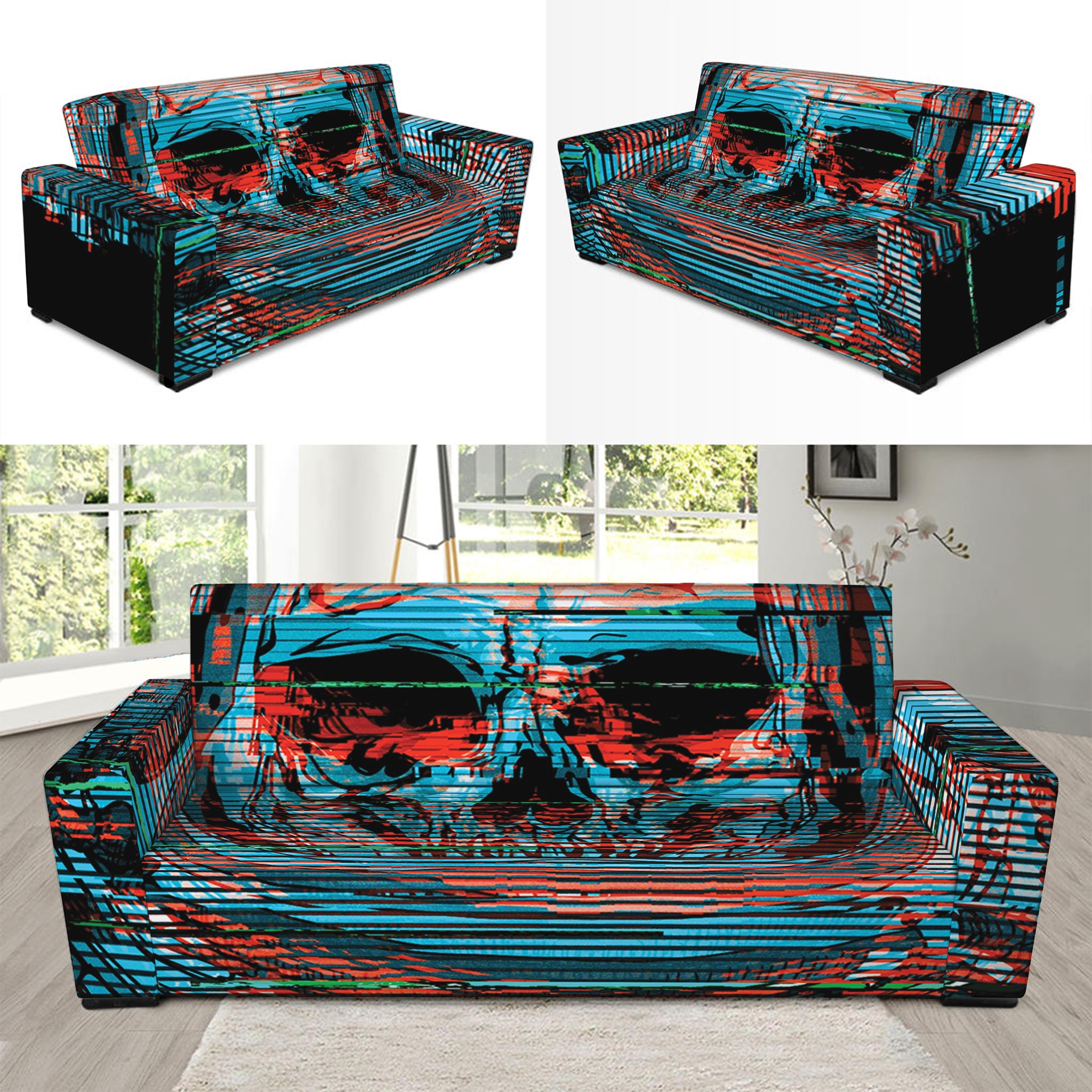 Digital Glitch Astronaut Skull Print Sofa Slipcover