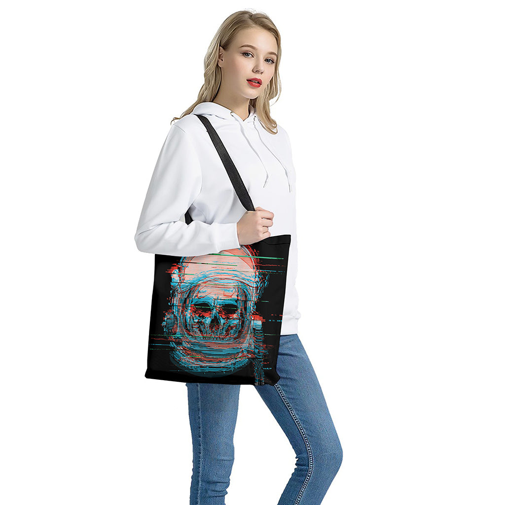 Digital Glitch Astronaut Skull Print Tote Bag