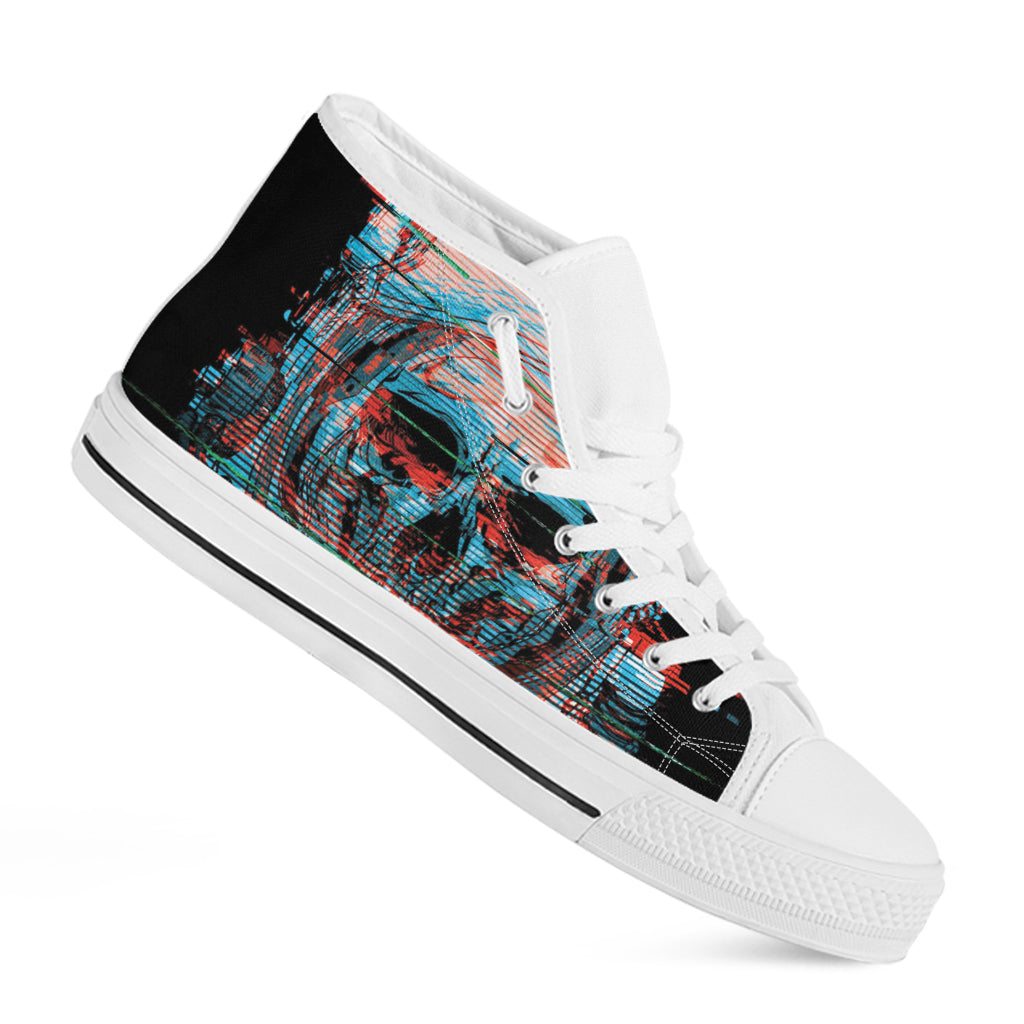 Digital Glitch Astronaut Skull Print White High Top Shoes