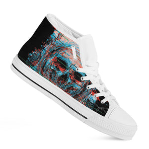 Digital Glitch Astronaut Skull Print White High Top Shoes