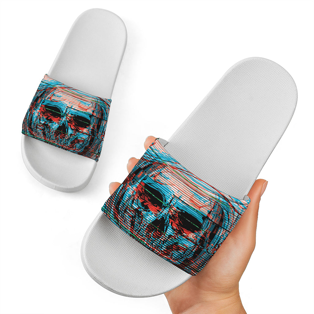 Digital Glitch Astronaut Skull Print White Slide Sandals