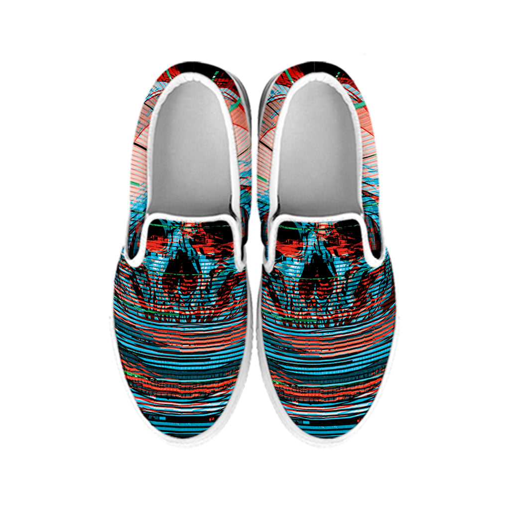 Digital Glitch Astronaut Skull Print White Slip On Shoes