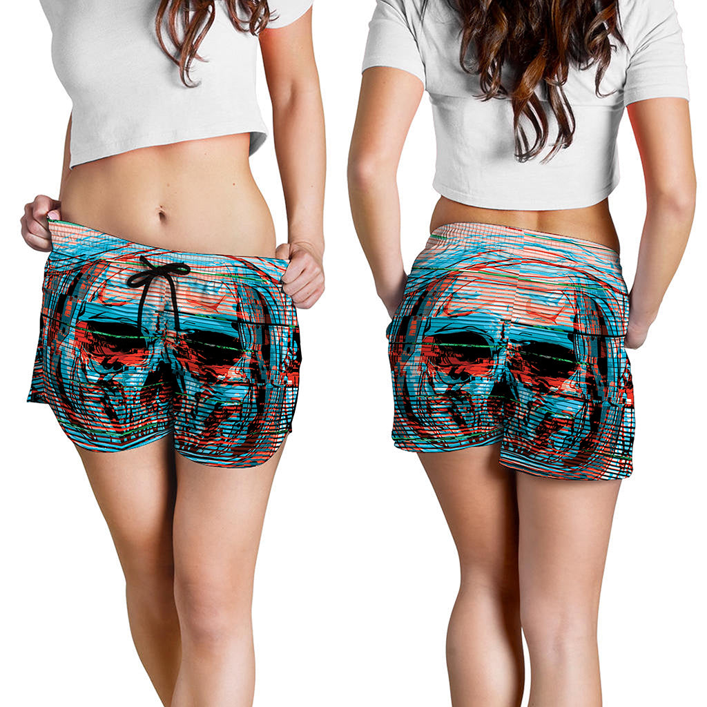 Digital Glitch Astronaut Skull Print Women's Shorts