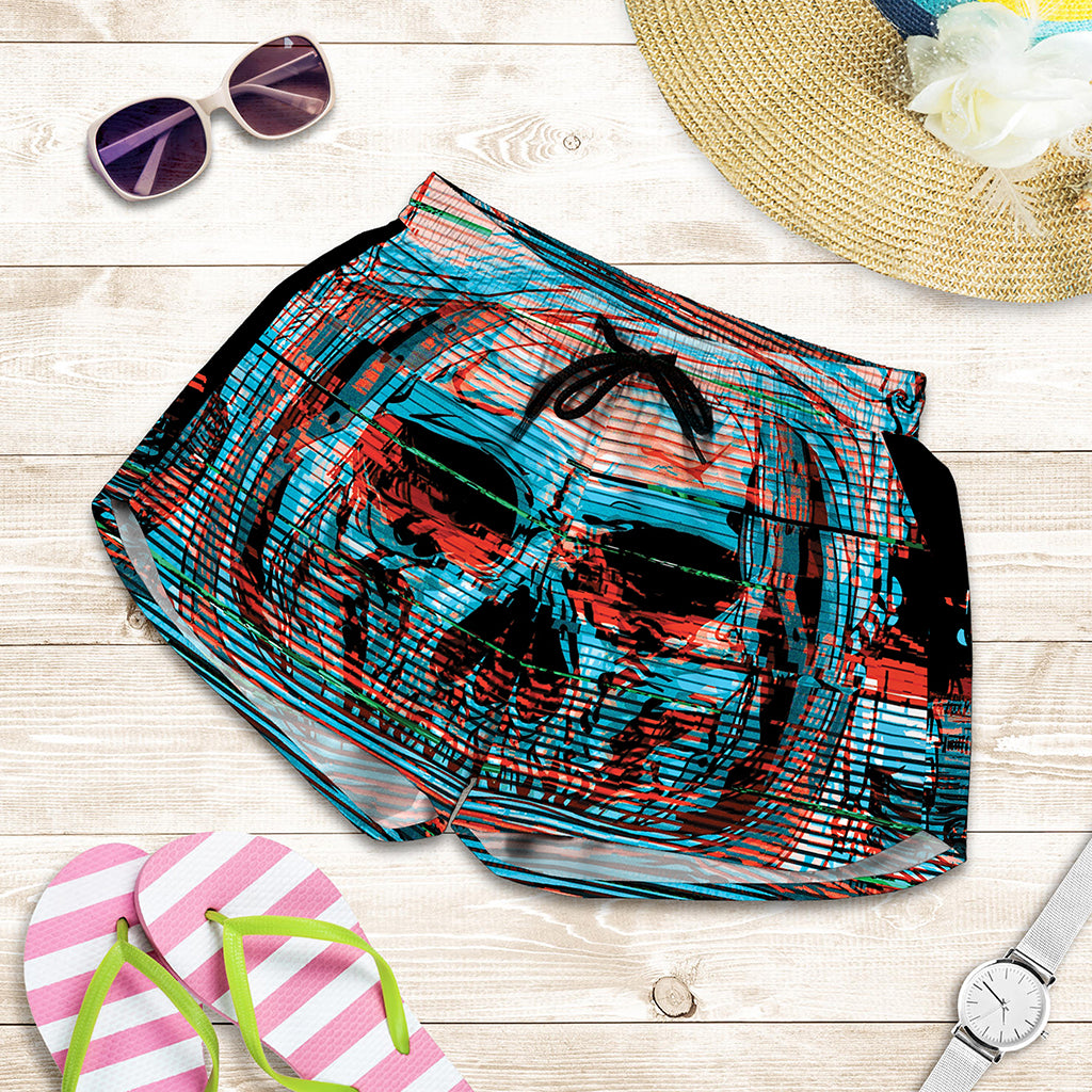 Digital Glitch Astronaut Skull Print Women's Shorts