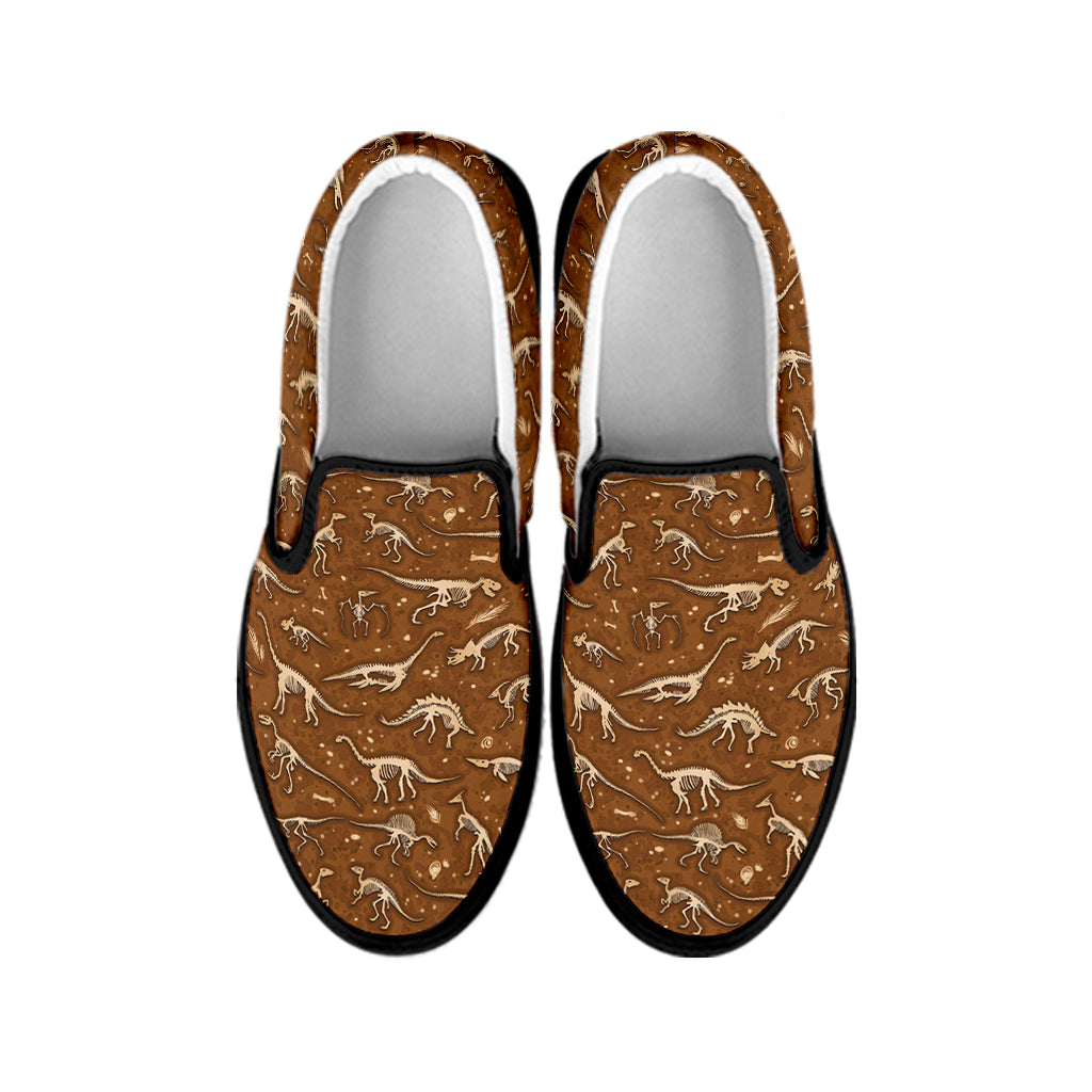 Dino Skeleton Fossil Pattern Print Black Slip On Shoes