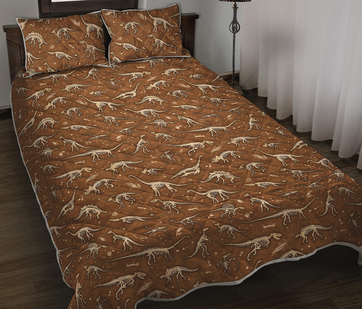 Dino Skeleton Fossil Pattern Print Quilt Bed Set