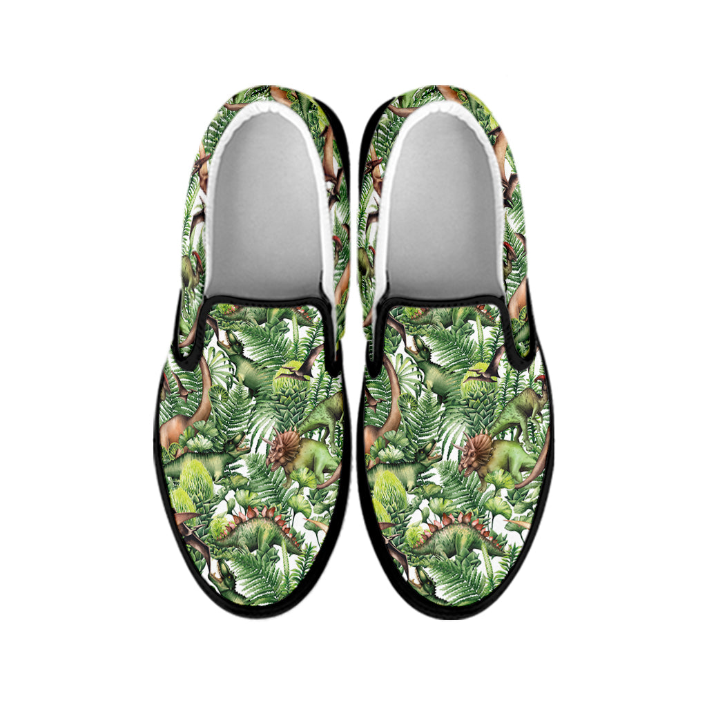 Dinosaur And Prehistoric Plants Print Black Slip On Shoes