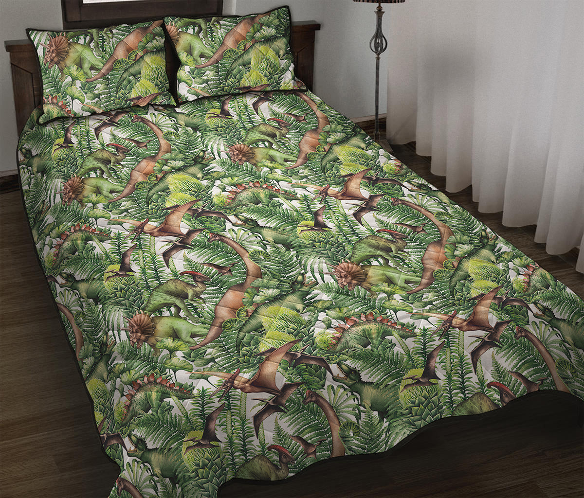 Dinosaur And Prehistoric Plants Print Quilt Bed Set
