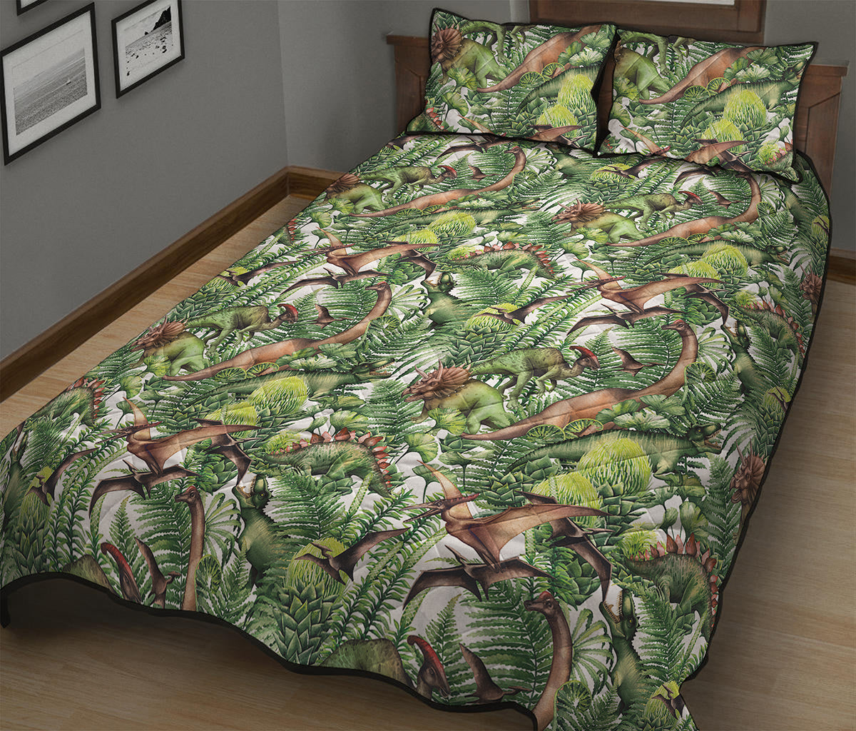 Dinosaur And Prehistoric Plants Print Quilt Bed Set