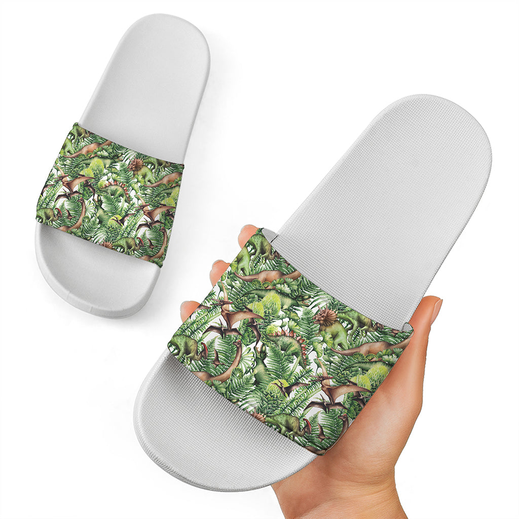 Dinosaur And Prehistoric Plants Print White Slide Sandals