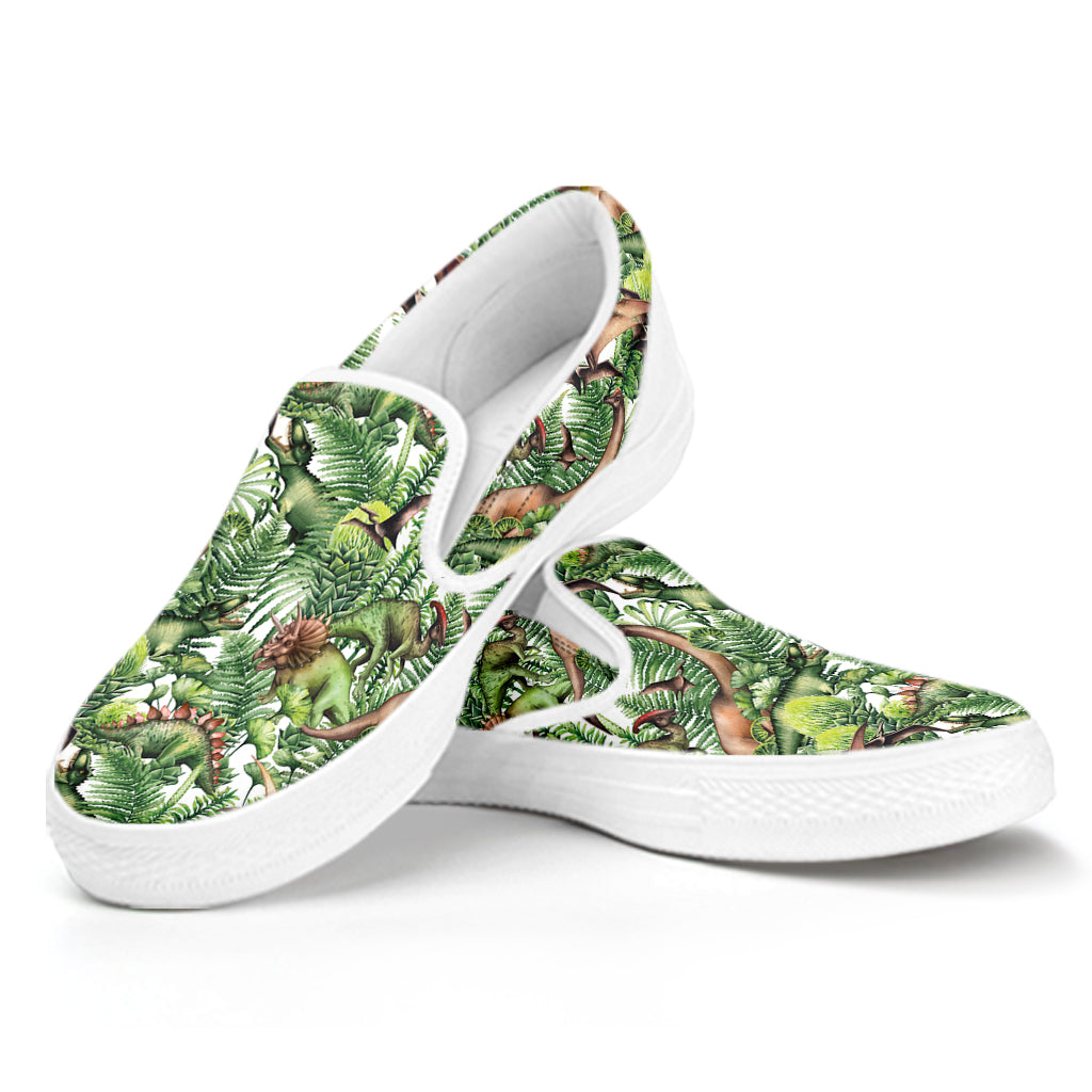 Dinosaur And Prehistoric Plants Print White Slip On Shoes