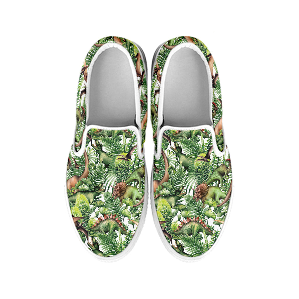 Dinosaur And Prehistoric Plants Print White Slip On Shoes