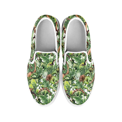 Dinosaur And Prehistoric Plants Print White Slip On Shoes