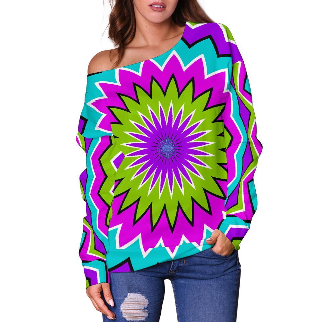 Dizzy Circle Moving Optical Illusion Off Shoulder Sweatshirt GearFrost