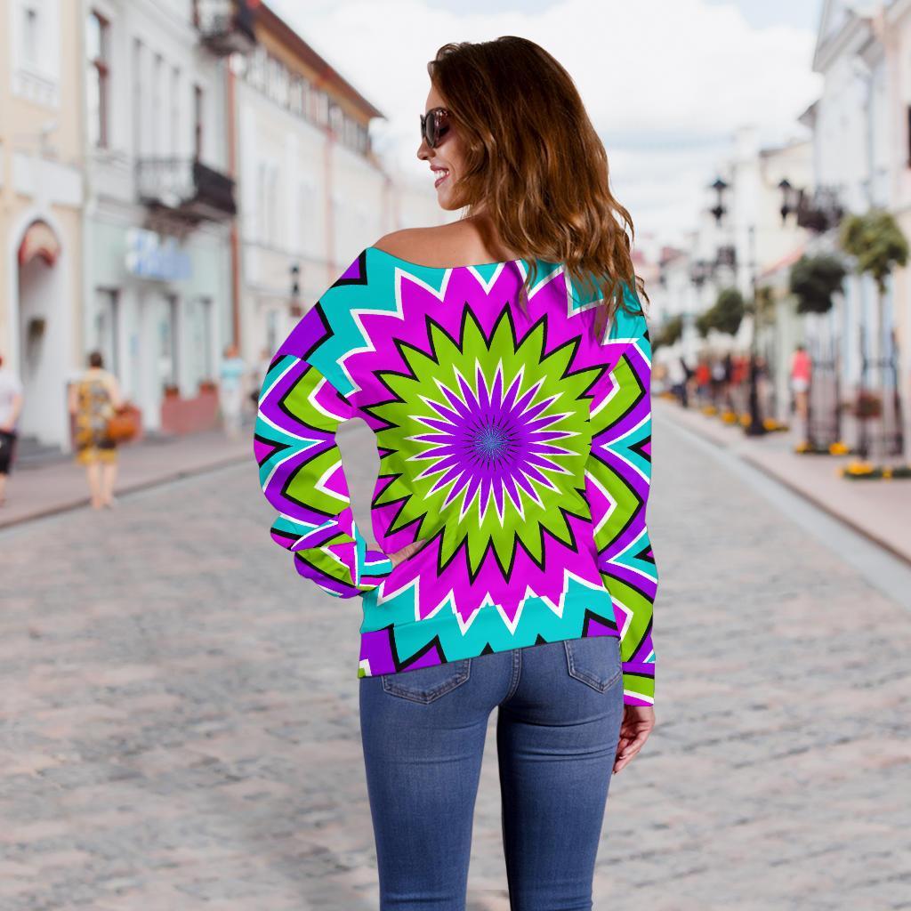 Dizzy Circle Moving Optical Illusion Off Shoulder Sweatshirt GearFrost