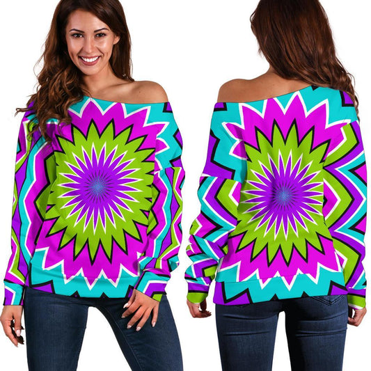 Dizzy Circle Moving Optical Illusion Off Shoulder Sweatshirt GearFrost