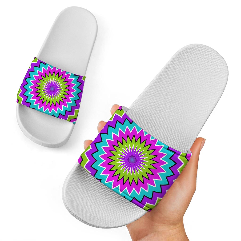 Dizzy Circle Moving Optical Illusion White Slide Sandals