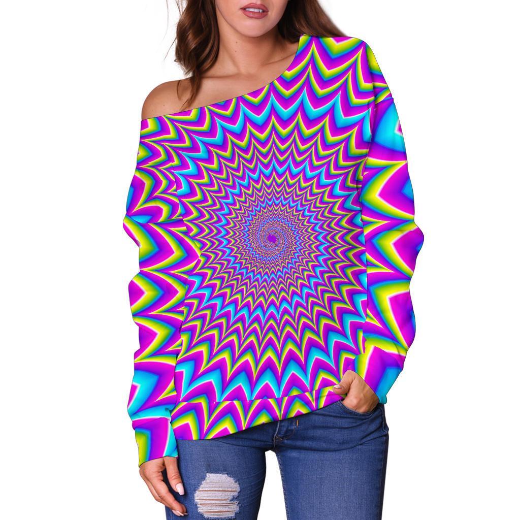 Dizzy Spiral Moving Optical Illusion Off Shoulder Sweatshirt GearFrost