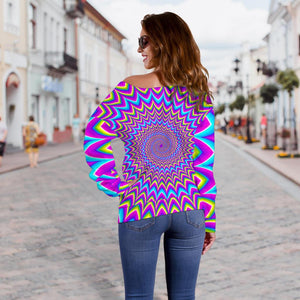 Dizzy Spiral Moving Optical Illusion Off Shoulder Sweatshirt GearFrost