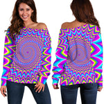 Dizzy Spiral Moving Optical Illusion Off Shoulder Sweatshirt GearFrost