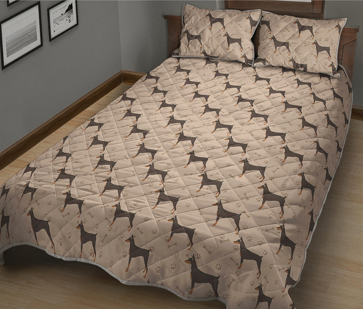 Doberman Pinscher Pattern Print Quilt Bed Set
