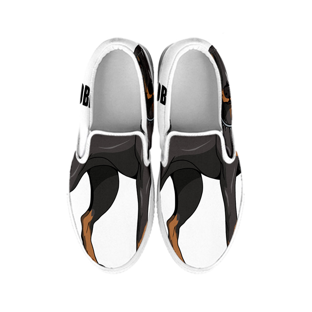 Doberman Pinscher Print White Slip On Shoes