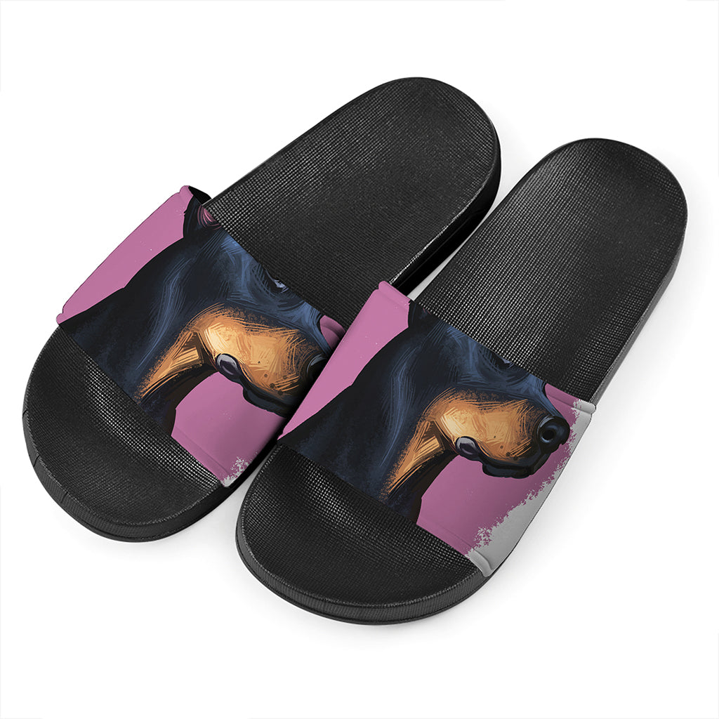 Dobermann Portrait Print Black Slide Sandals