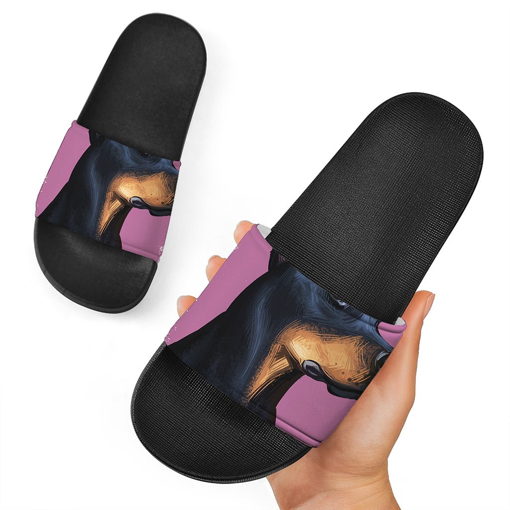 Dobermann Portrait Print Black Slide Sandals