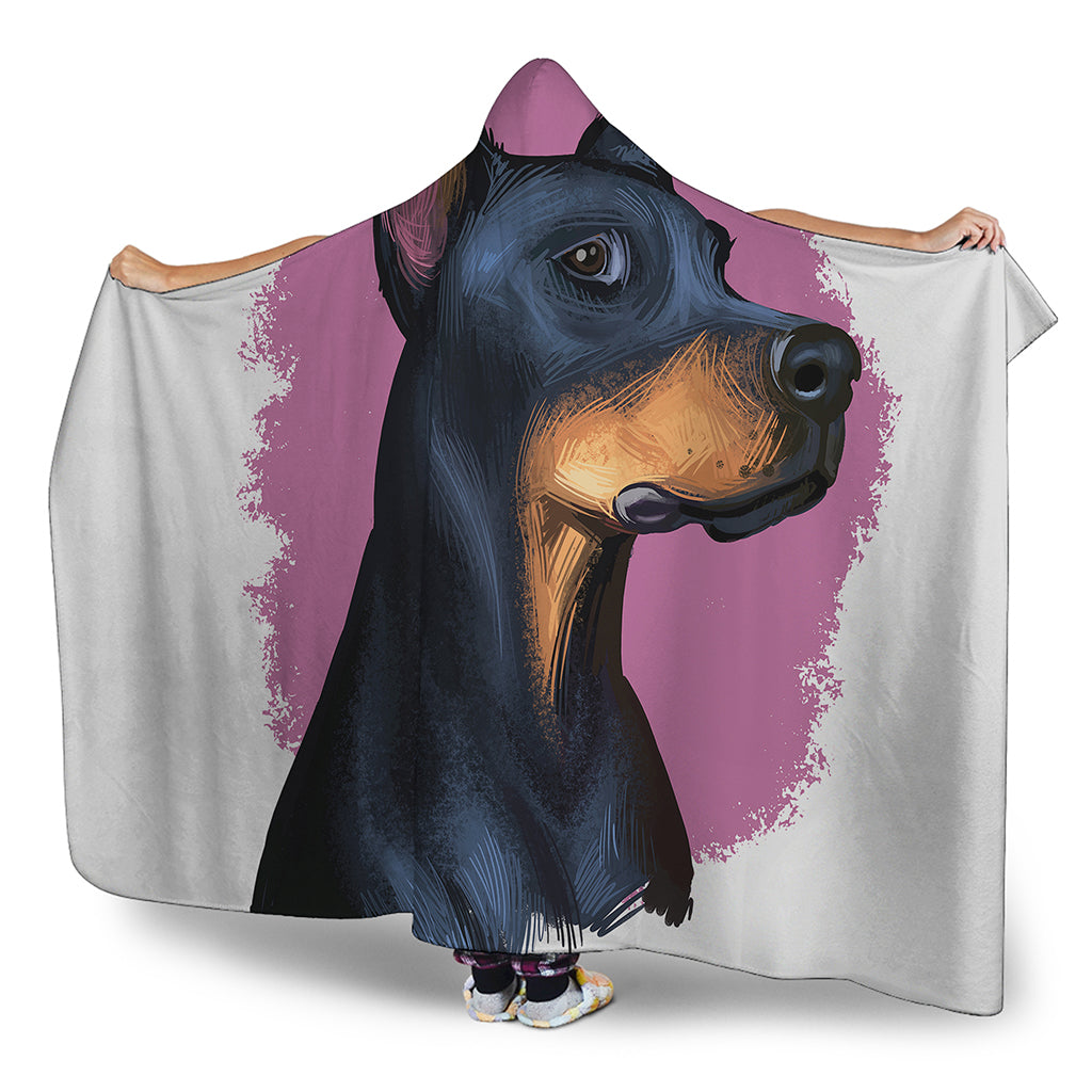 Dobermann Portrait Print Hooded Blanket