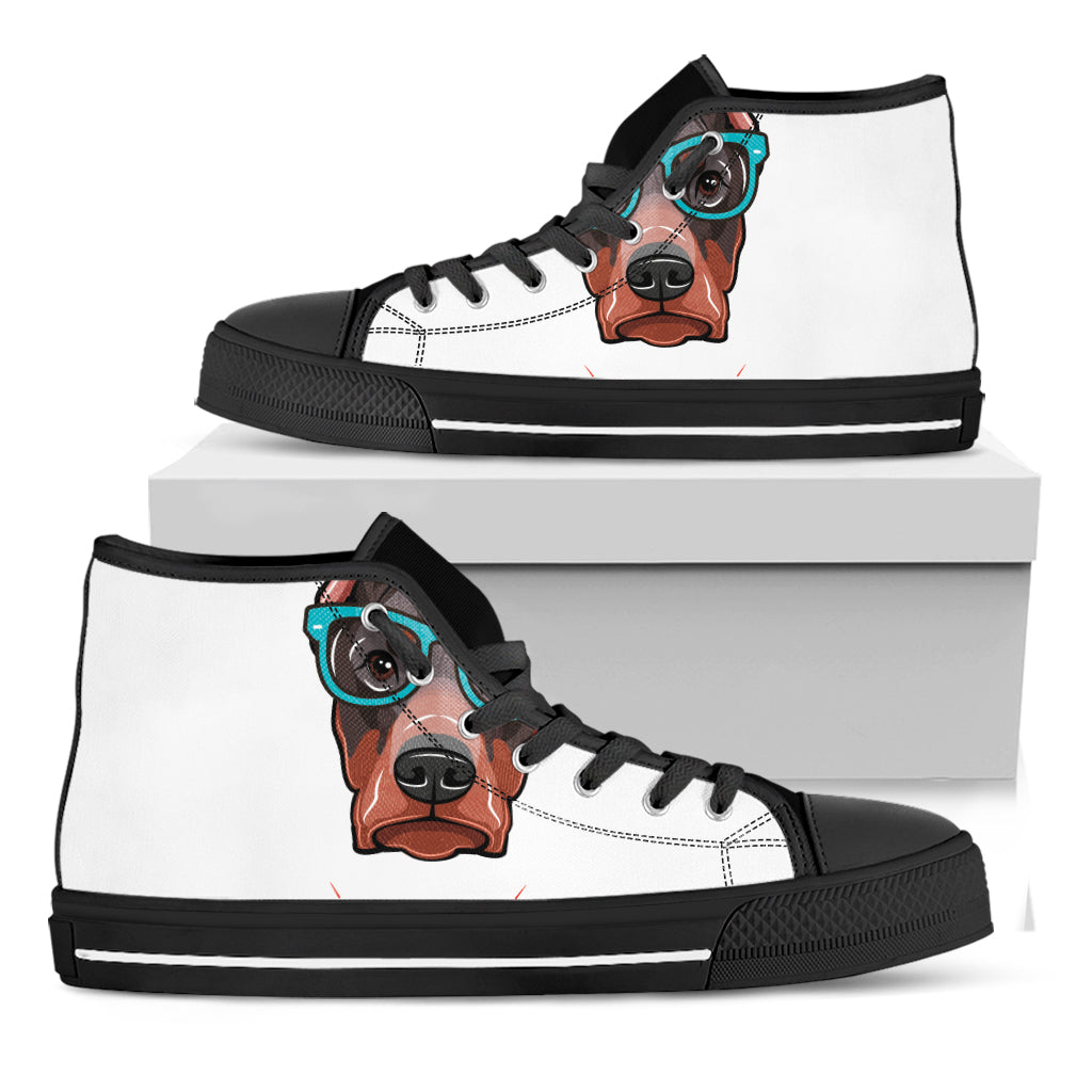 Dobermann With Glasses Print Black High Top Shoes