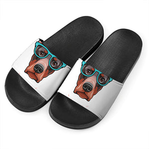 Dobermann With Glasses Print Black Slide Sandals