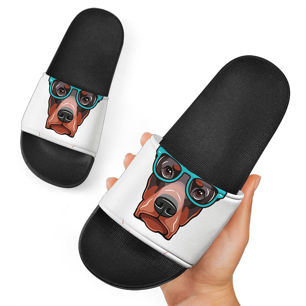 Dobermann With Glasses Print Black Slide Sandals