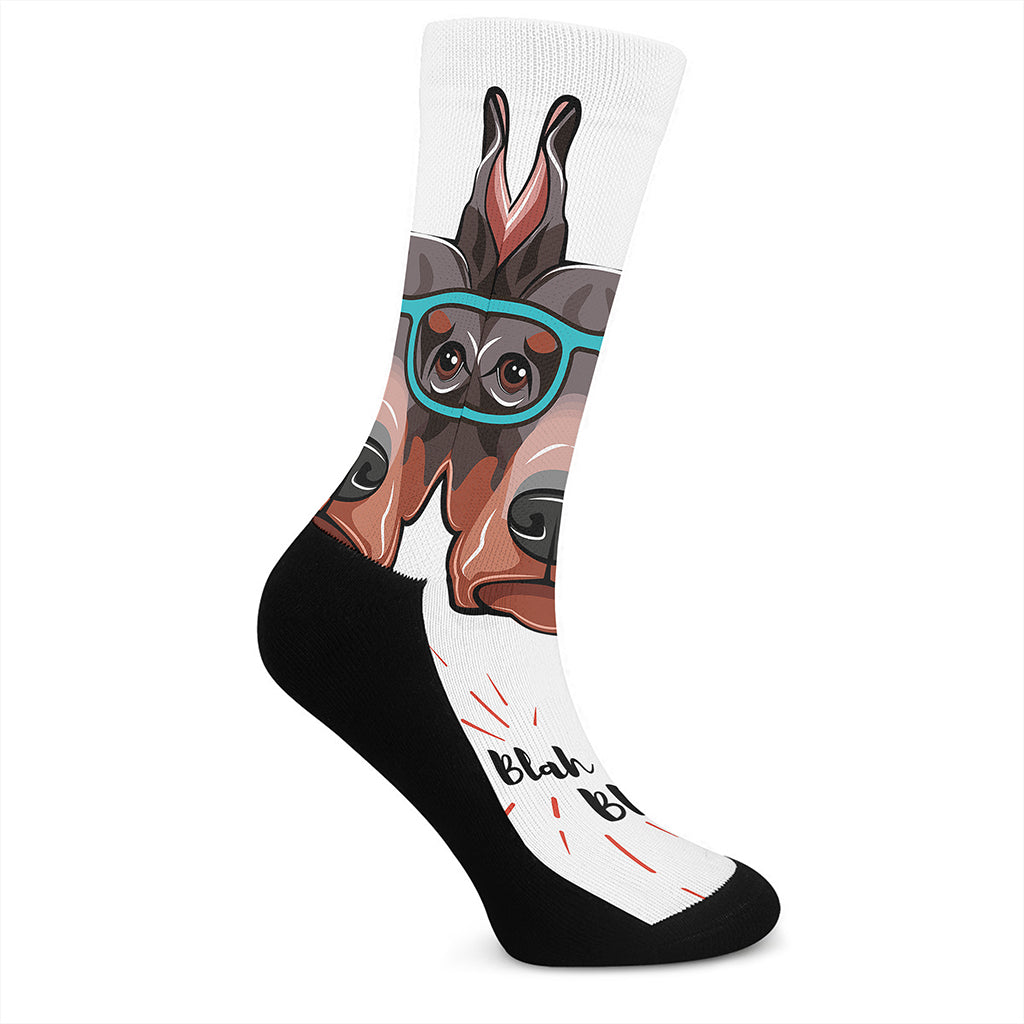 Dobermann With Glasses Print Crew Socks