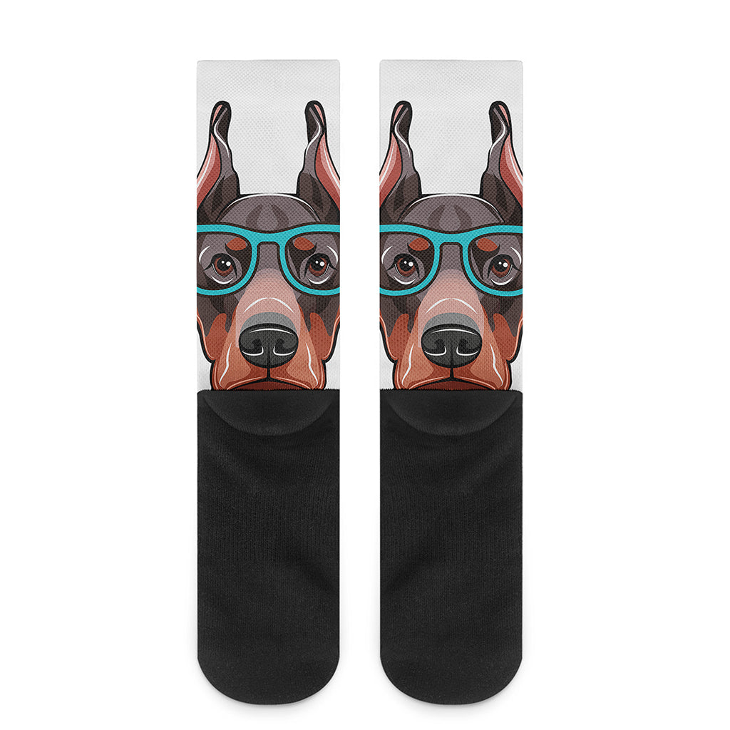 Dobermann With Glasses Print Crew Socks