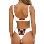 Dobermann With Glasses Print Front Bow Tie Bikini