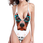 Dobermann With Glasses Print High Cut One Piece Swimsuit