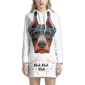 Dobermann With Glasses Print Pullover Hoodie Dress