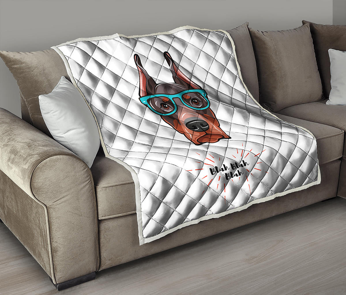 Dobermann With Glasses Print Quilt