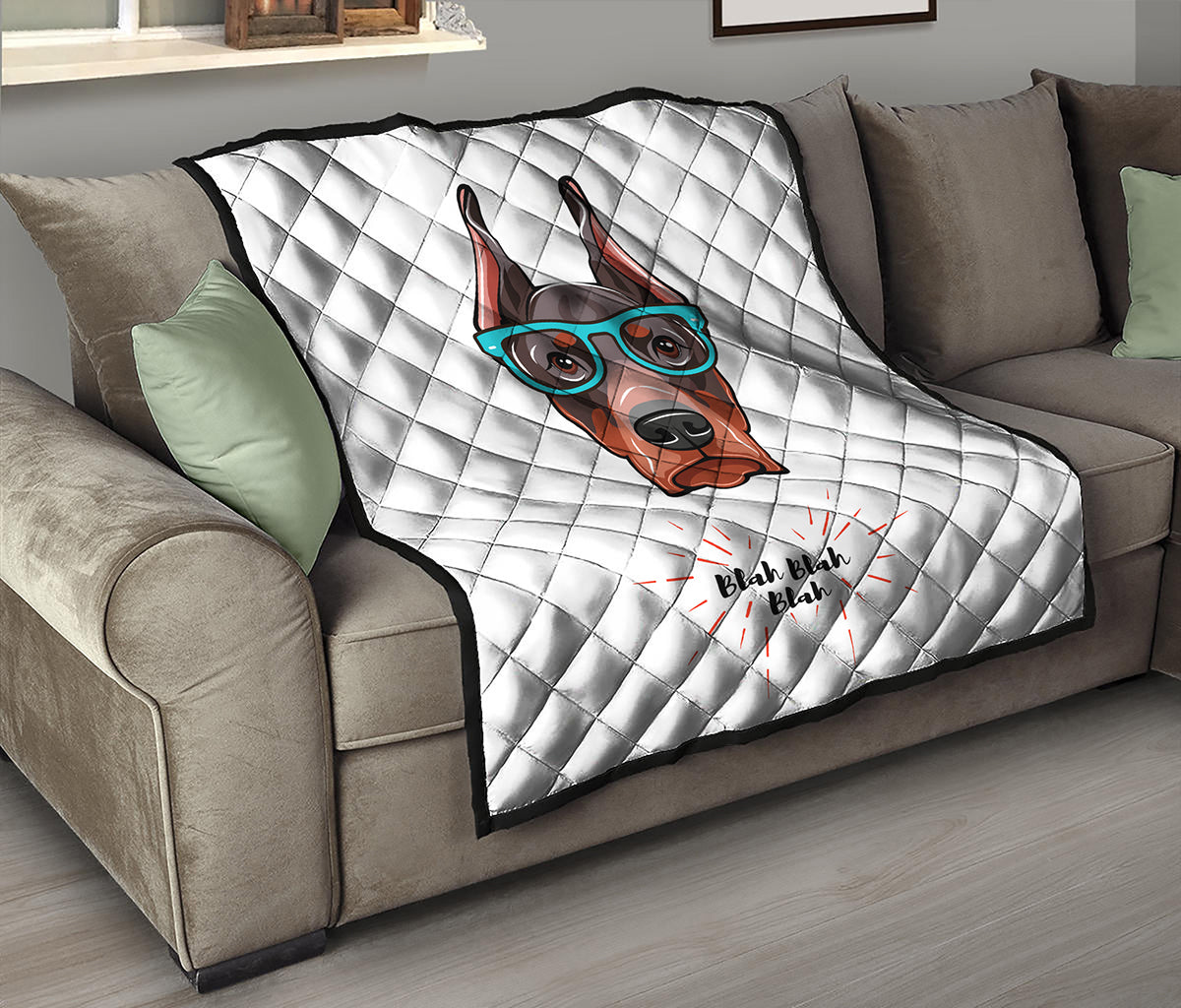 Dobermann With Glasses Print Quilt