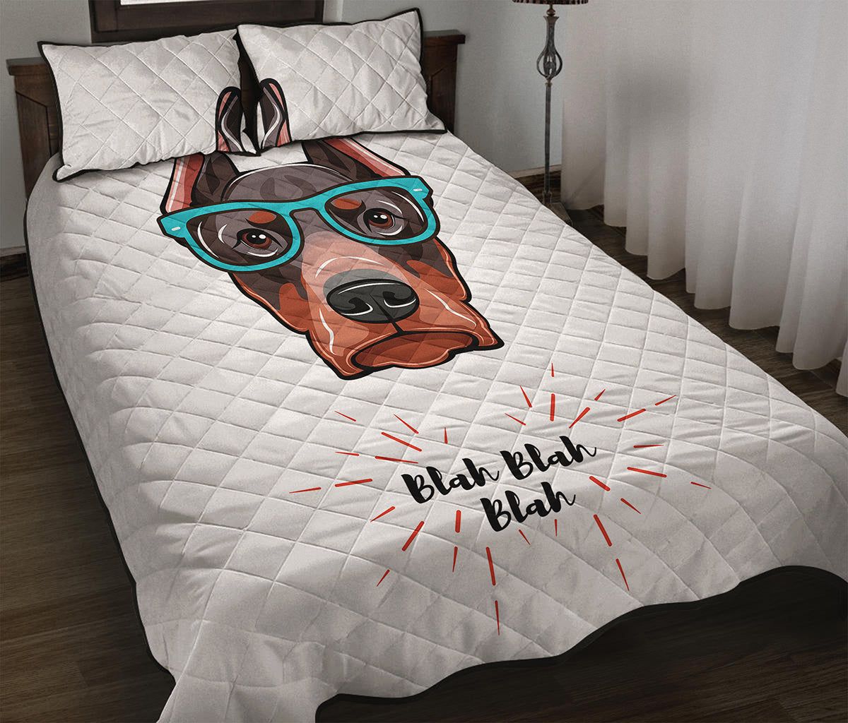 Dobermann With Glasses Print Quilt Bed Set